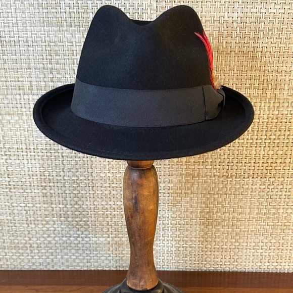 🌟HP🌟VTG 2000s 100% Wool Black Fedora w/ Feathers Lake of the Isles L/XL - Picture 5 of 12